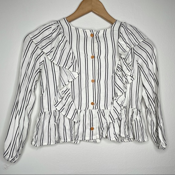 Jessica Simpson Embroidered Ruffled Cropped Blouse Striped 100% Rayon Size 6 - Picture 4 of 9